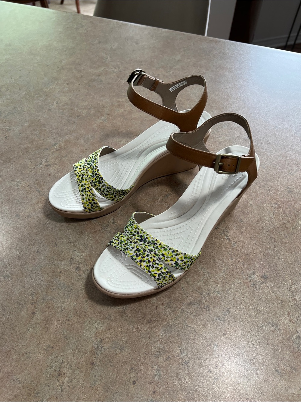 CROCS Yellow Floral Front-Strap Wedge Sandals with Brown Ankle Strap